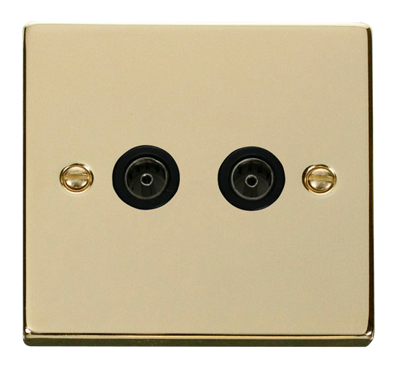 Click® Scolmore Deco® VPBR066BK Twin Coaxial Outlet Polished Brass Black Insert