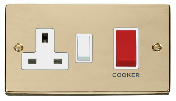 Click® Scolmore Deco® VPBR204WH 45A 2 Gang DP Switch With 13A DP Switched Socket Polished Brass White Insert
