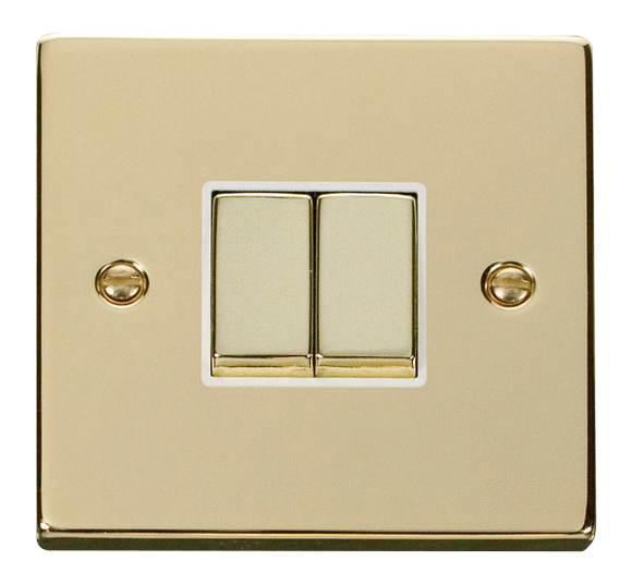 Click® Scolmore Deco® VPBR412WH 10AX Ingot 2 Gang 2 Way Plate Switch Polished Brass White Insert