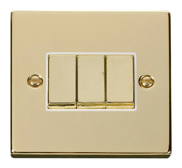 Click® Scolmore Deco® VPBR413WH 10AX Ingot 3 Gang 2 Way Plate Switch Polished Brass White Insert
