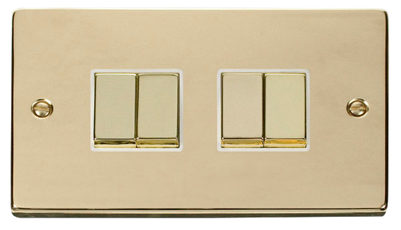 Click® Scolmore Deco® VPBR414WH 10AX Ingot 4 Gang 2 Way Plate Switch Polished Brass White Insert