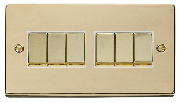 Click® Scolmore Deco® VPBR416WH 10AX Ingot 6 Gang 2 Way Plate Switch Polished Brass White Insert