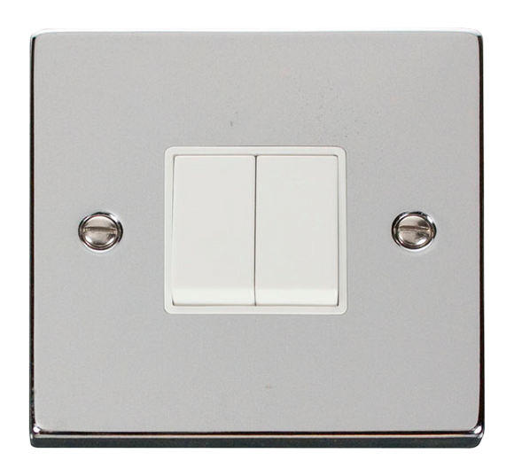 Click® Scolmore Deco® VPCH012WH 10AX 2 Gang 2 Way Plate Switch Polished Chrome White Insert