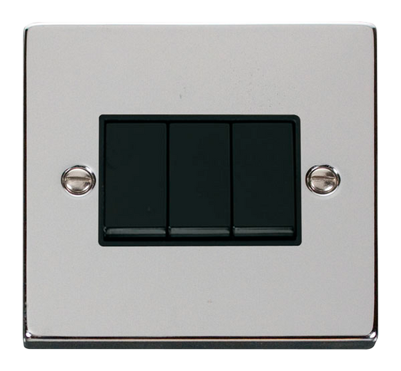 Click® Scolmore Deco® VPCH013BK 10AX 3 Gang 2 Way Plate Switch Polished Chrome Black Insert