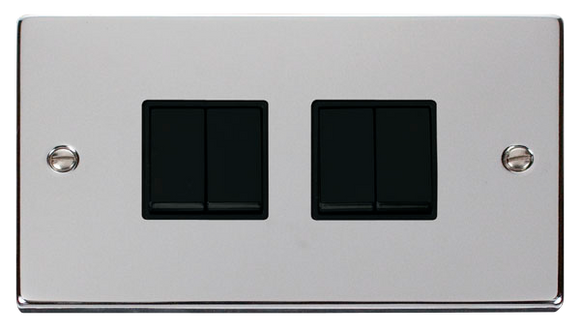 Click® Scolmore Deco® VPCH019BK 10AX 4 Gang 2 Way Plate Switch Polished Chrome Black Insert
