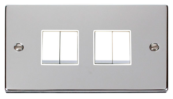 Click® Scolmore Deco® VPCH019WH 10AX 4 Gang 2 Way Plate Switch Polished Chrome White Insert