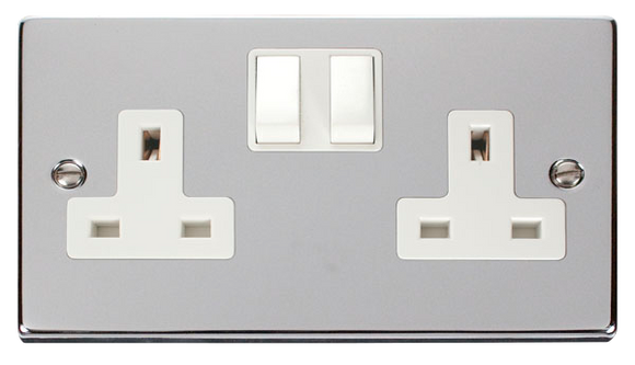 Click® Scolmore Deco® VPCH036WH 13A 2 Gang DP Switched Socket (Twin Earth) Polished Chrome White Insert