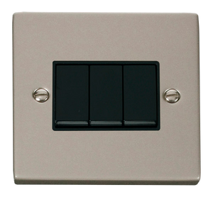 Click® Scolmore Deco® VPPN013BK 10AX 3 Gang 2 Way Plate Switch Pearl Nickel Black Insert