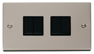 Click® Scolmore Deco® VPPN019BK 10AX 4 Gang 2 Way Plate Switch Pearl Nickel Black Insert
