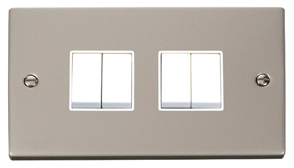 Click® Scolmore Deco® VPPN019WH 10AX 4 Gang 2 Way Plate Switch Pearl Nickel White Insert