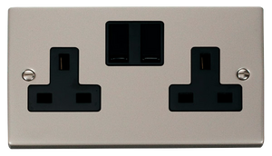 Click® Scolmore Deco® VPPN036BK 13A 2 Gang DP Switched Socket (Twin Earth) Pearl Nickel Black Insert