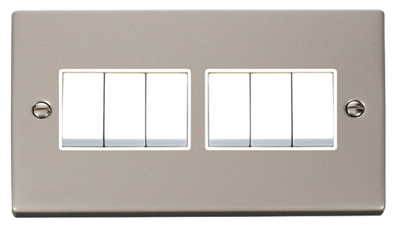 Click® Scolmore Deco® VPPN105WH 10AX 6 Gang 2 Way Plate Switch Pearl Nickel White Insert