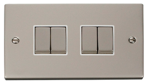 Click® Scolmore Deco® VPPN414WH 10AX Ingot 4 Gang 2 Way Plate Switch Pearl Nickel White Insert