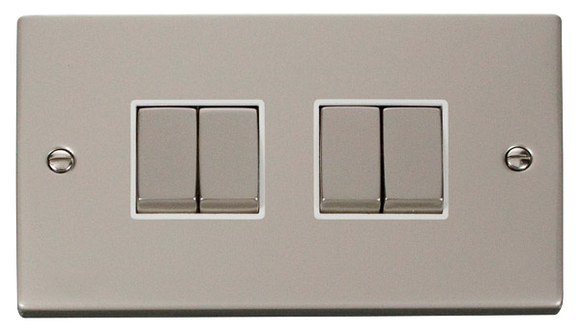 Click® Scolmore Deco® VPPN414WH 10AX Ingot 4 Gang 2 Way Plate Switch Pearl Nickel White Insert