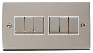 Click® Scolmore Deco® VPPN416WH 10AX Ingot 6 Gang 2 Way Plate Switch Pearl Nickel White Insert