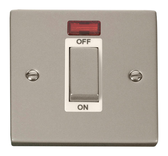 Click® Scolmore Deco® VPPN501WH 45A Ingot 1 Gang DP Switch With Neon Pearl Nickel White Insert