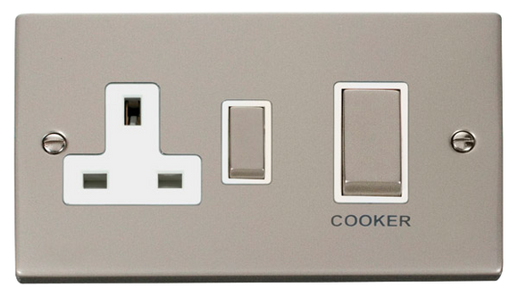 Click® Scolmore Deco® VPPN504WH 45A Ingot 2 Gang DP Switch With 13A DP Switched Socket Pearl Nickel White Insert