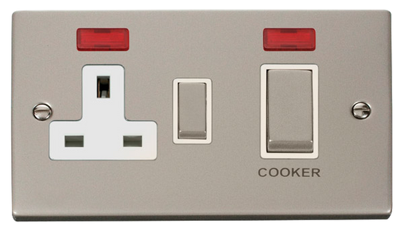Click® Scolmore Deco® VPPN505WH 45A Ingot 2 Gang DP Switch With 13A DP Switched Socket & Neons Pearl Nickel White Insert