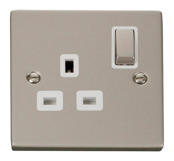 Click® Scolmore Deco® VPPN535WH 13A Ingot 1 Gang DP Switched Socket Pearl Nickel White Insert