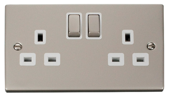 Click® Scolmore Deco® VPPN536WH 13A Ingot 2 Gang DP Switched Socket (Twin Earth) Pearl Nickel White Insert