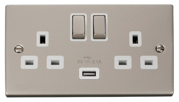 Click® Scolmore Deco® VPPN570WH 13A Ingot 2 Gang Switched Sockets With 2.1A USB Outlet (Twin Earth) Pearl Nickel White Insert