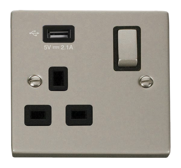 Click® Scolmore Deco® VPPN571UBK 13A Ingot 1 Gang Switched Socket With 2.1A USB Outlet (Twin Earth) Pearl Nickel Black Insert