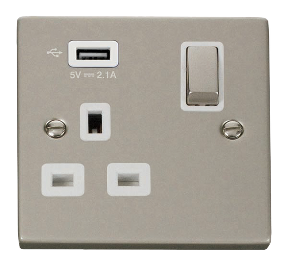 Click® Scolmore Deco® VPPN571UWH 13A Ingot 1 Gang Switched Socket With 2.1A USB Outlet (Twin Earth) Pearl Nickel White Insert