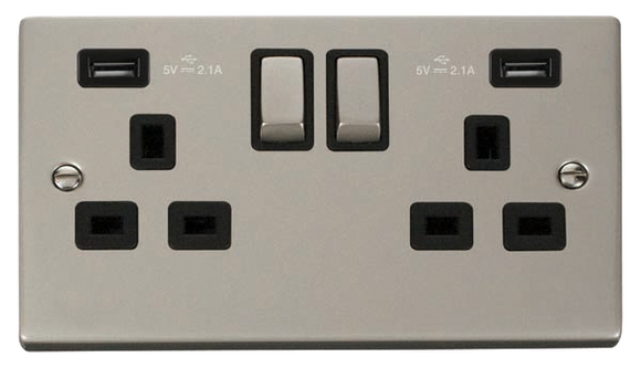 Click® Scolmore Deco® VPPN580BK 13A Ingot 2 Gang Switched Sockets With Twin 2.1A USB Outlets (4.2A) (Twin Earth) Pearl Nickel Black Insert