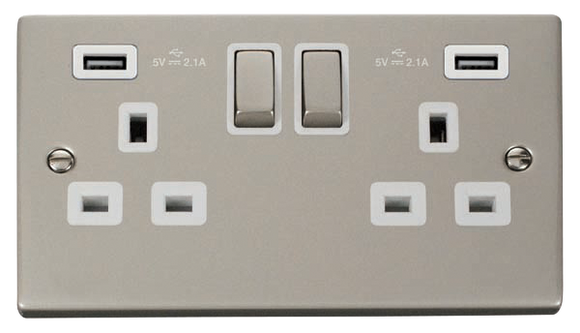 Click® Scolmore Deco® VPPN580WH 13A Ingot 2 Gang Switched Sockets With Twin 2.1A USB Outlets (4.2A) (Twin Earth) Pearl Nickel White Insert