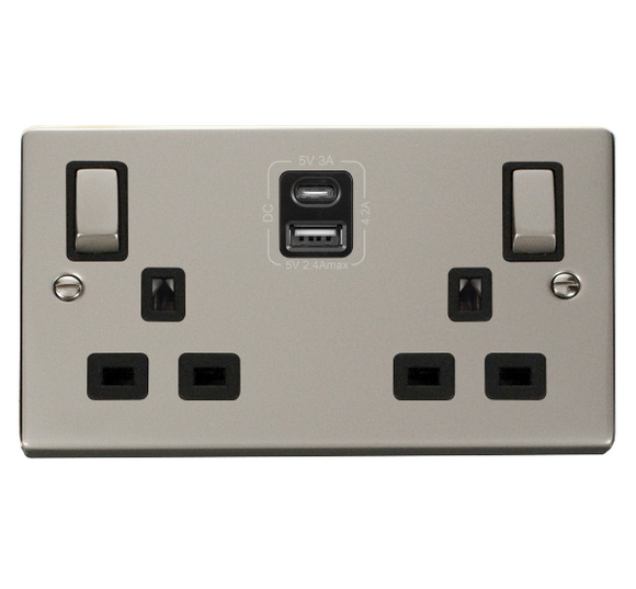 Click® Scolmore Deco® VPPN586BK 13A Ingot 2 Gang Switched Safety Shutter Socket Outlet With Type A & C USB (4.2A) Outlets (Twin Earth) Pearl Nickel Black Insert