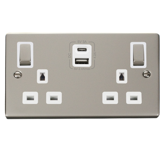 Click® Scolmore Deco® VPPN586WH 13A Ingot 2 Gang Switched Safety Shutter Socket Outlet With Type A & C USB (4.2A) Outlets (Twin Earth) Pearl Nickel White Insert