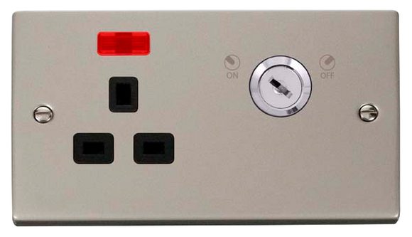 Click® Scolmore Deco® VPPN655BK 13A Ingot 1 Gang DP Key Lockable Socket With Neon Pearl Nickel Black Insert