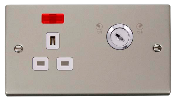 Click® Scolmore Deco® VPPN655WH 13A Ingot 1 Gang DP Key Lockable Socket With Neon Pearl Nickel White Insert