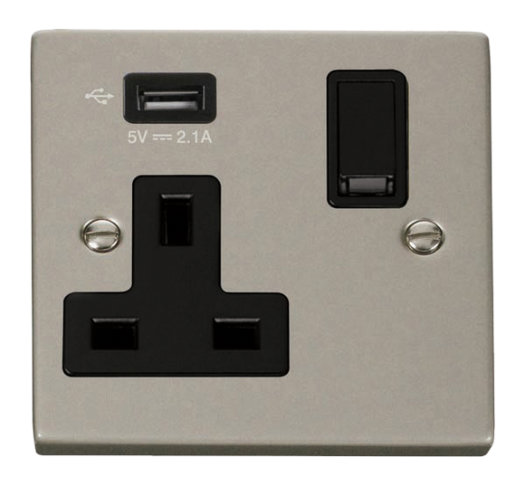 Click® Scolmore Deco® VPPN771UBK 13A 1 Gang Switched Socket With 2.1A USB Outlet (Twin Earth) Pearl Nickel Black Insert