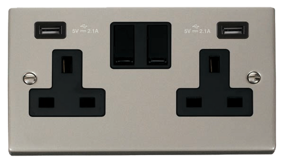 Click® Scolmore Deco® VPPN780BK 13A 2 Gang Switched Socket With Twin 2.1A USB Outlets (4.2A) (Twin Earth) Pearl Nickel Black Insert