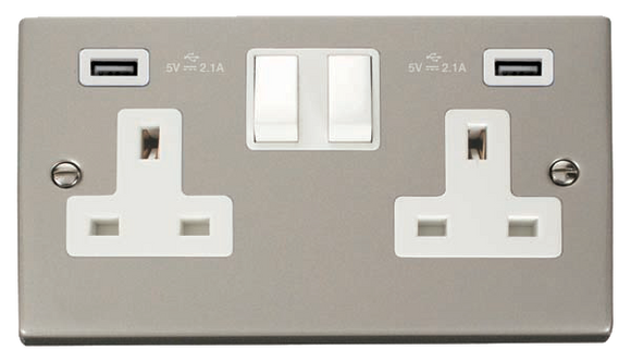Click® Scolmore Deco® VPPN780WH 13A 2 Gang Switched Socket With Twin 2.1A USB Outlets (4.2A) (Twin Earth) Pearl Nickel White Insert