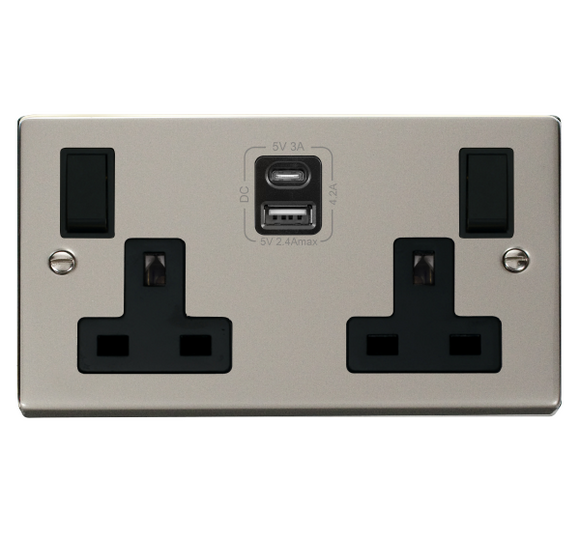 Click® Scolmore Deco® VPPN786BK 13A 2 Gang Switched Safety Shutter Socket Outlet With Type A & C USB (4.2A) Outlets (Twin Earth) Pearl Nickel Black Insert