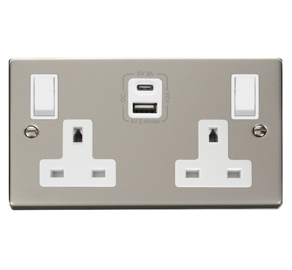 Click® Scolmore Deco® VPPN786WH 13A 2 Gang Switched Safety Shutter Socket Outlet With Type A & C USB (4.2A) Outlets (Twin Earth) Pearl Nickel White Insert