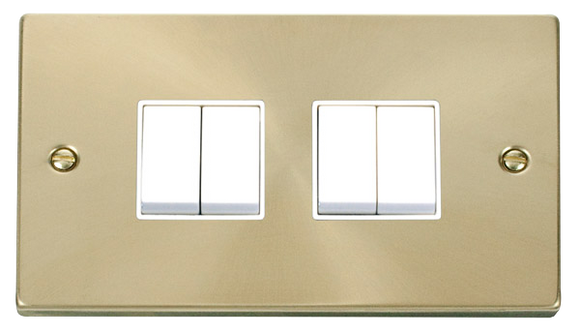 Click® Scolmore Deco® VPSB019WH 10AX 4 Gang 2 Way Plate Switch Satin Brass White Insert
