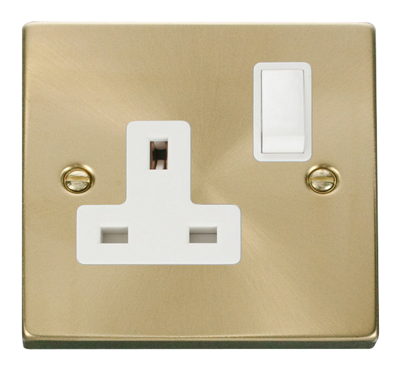Click® Scolmore Deco® VPSB035WH 13A 1 Gang DP Switched Socket Satin Brass White Insert