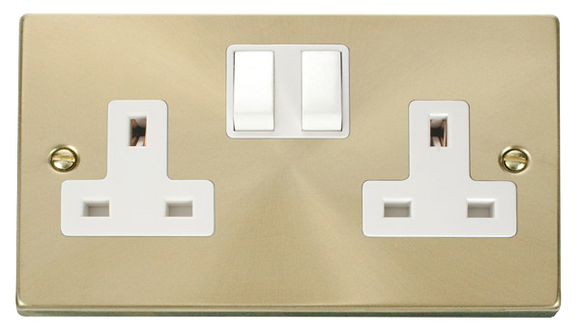 Click® Scolmore Deco® VPSB036WH 13A 2 Gang DP Switched Socket (Twin Earth) Satin Brass White Insert