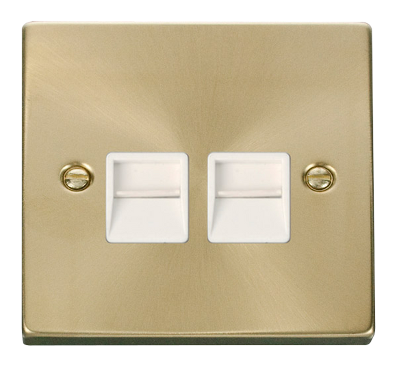 Click® Scolmore Deco® VPSB121WH Twin Telephone Outlet - Master Satin Brass White Insert