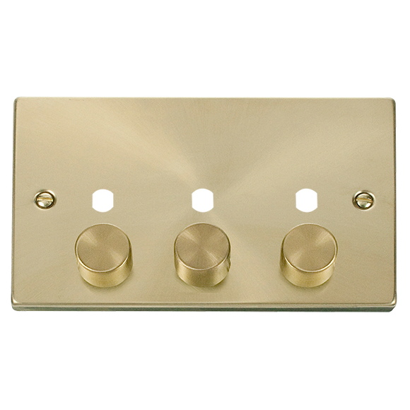 Click® Scolmore Deco® VPSB153PL 3 Gang Dimmer Plate & Knobs (1200W Max) - 3 Apertures Satin Brass  Insert