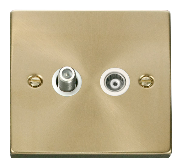 Click® Scolmore Deco® VPSB157WH Isolated Satellite & Isolated Coaxial Outlet Satin Brass White Insert
