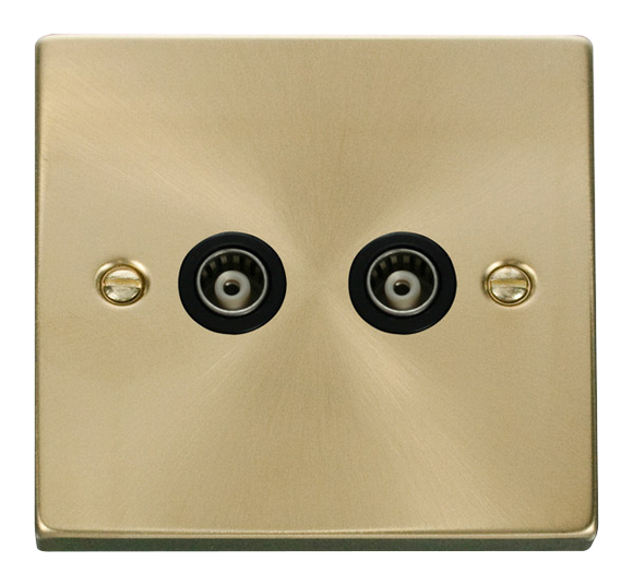 Click® Scolmore Deco® VPSB159BK Twin Isolated Coaxial Outlet  Satin Brass Black Insert