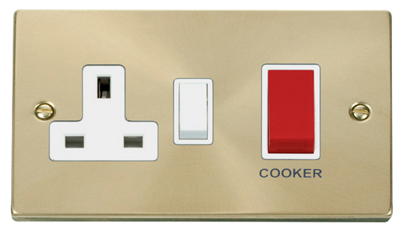 Click® Scolmore Deco® VPSB204WH 45A 2 Gang DP Switch With 13A DP Switched Socket Satin Brass White Insert
