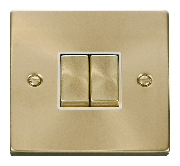 Click® Scolmore Deco® VPSB412WH 10AX Ingot 2 Gang 2 Way Plate Switch Satin Brass White Insert