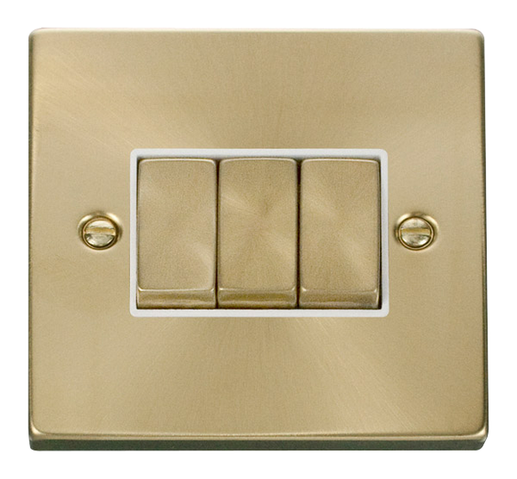 Click® Scolmore Deco® VPSB413WH 10AX Ingot 3 Gang 2 Way Plate Switch Satin Brass White Insert