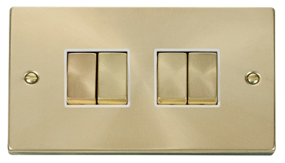 Click® Scolmore Deco® VPSB414WH 10AX Ingot 4 Gang 2 Way Plate Switch Satin Brass White Insert