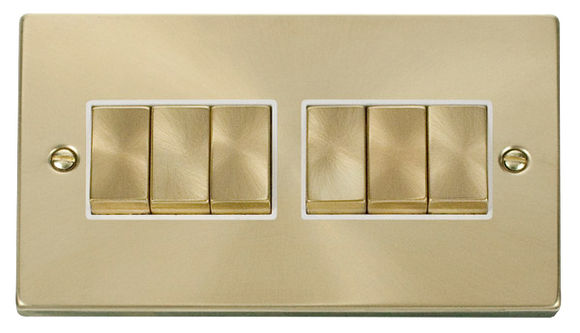 Click® Scolmore Deco® VPSB416WH 10AX Ingot 6 Gang 2 Way Plate Switch Satin Brass White Insert